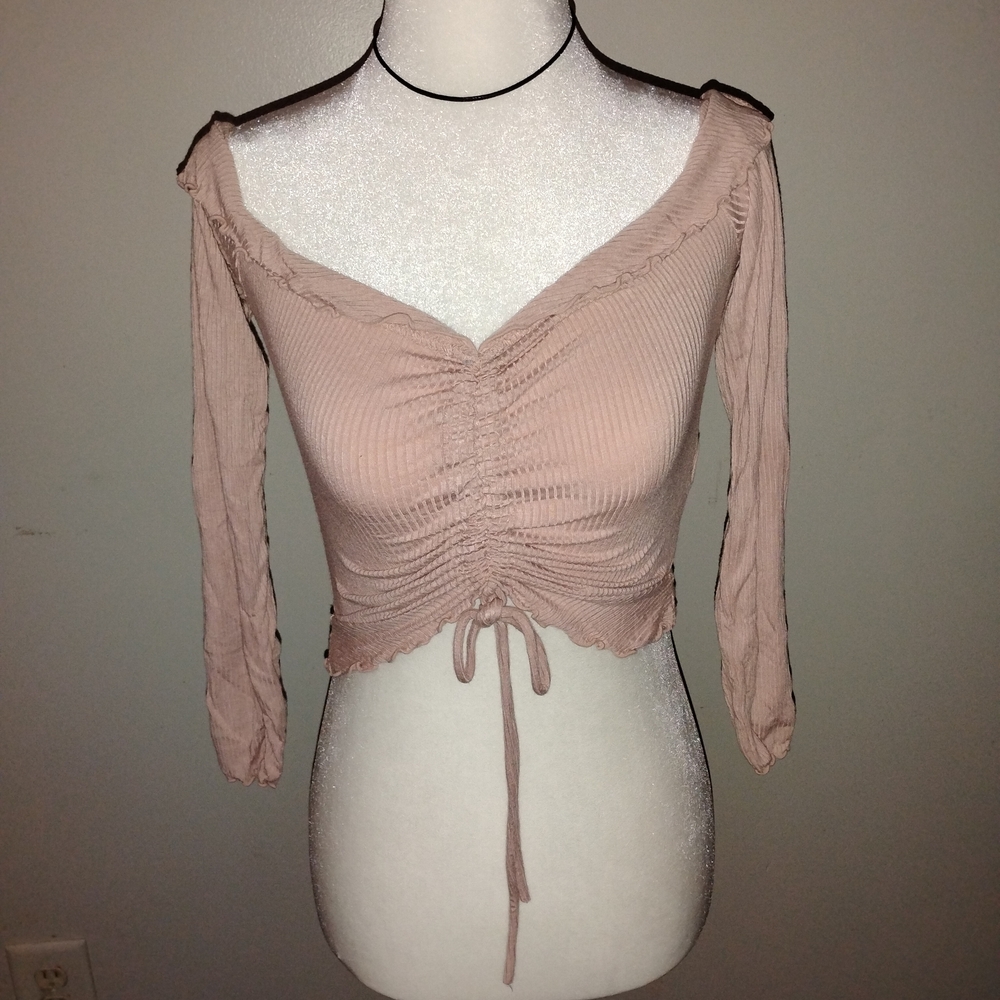Women's Ruched Tie-Front Long Sleeve Top - Blush